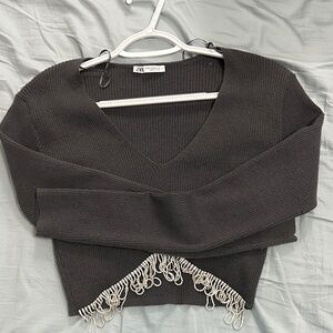 Zara Charcoal V-Neck Sweater with Silver Fringe